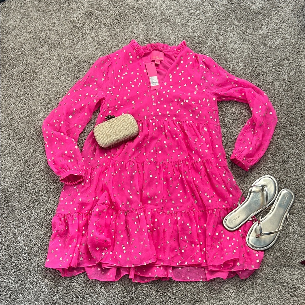 Lilly Pulitzer Sarita Silk Dress Hot Pink with Gold Metallic Dots